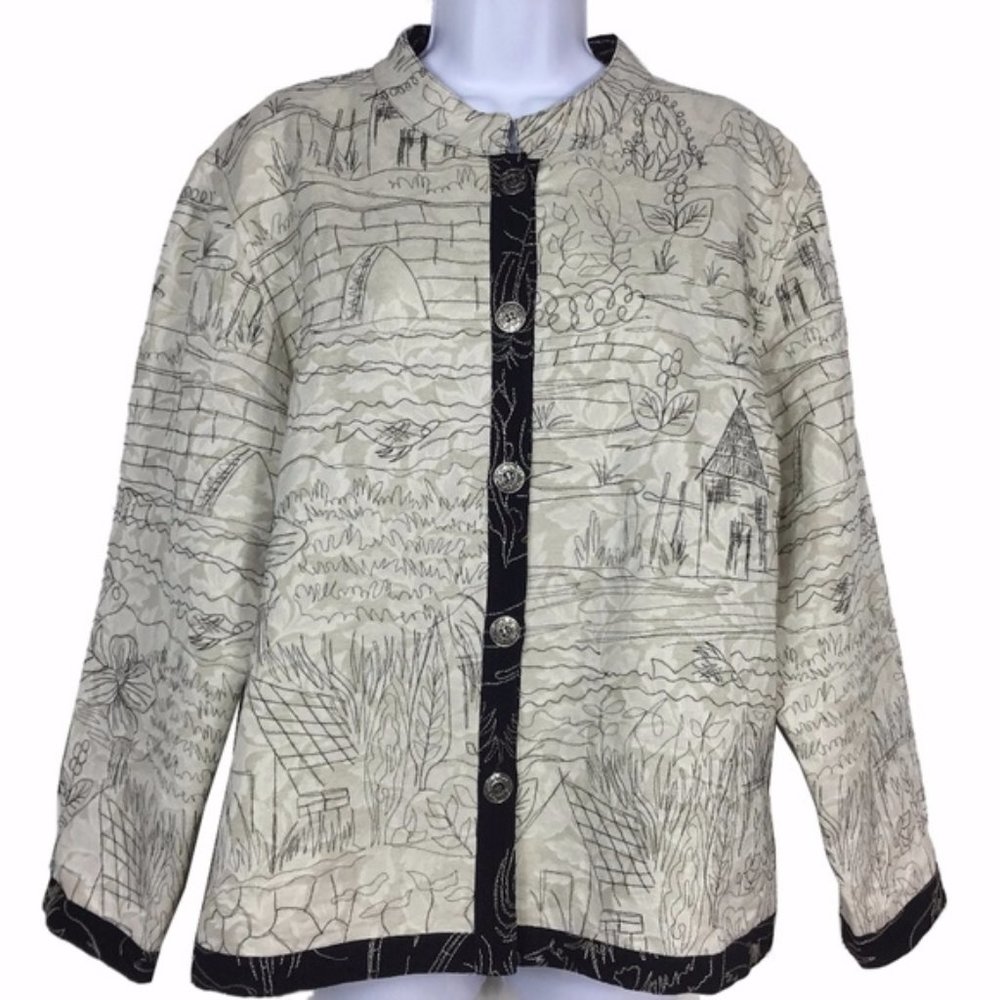 Cream and Black Embroidered Mandarin Collar Jacket